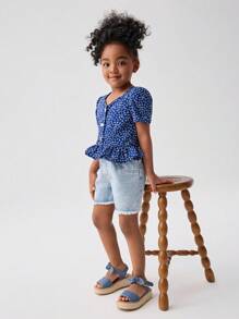 SHEIN Leap Crew 年輕女孩迷你花卉印花泡泡袖荷葉邊上衣