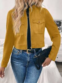 Louniche Chaqueta corta verde cargo de mujer para otoño/invierno con bolsillos grandes y botones de metal - Amarillo - Ver 4