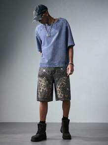 ROMWE MEN Street Life Men's Summer Fashion Leopard Print Denim Shorts With Rhinestones - Black - View 3