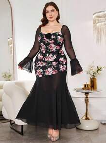Modelyn 大尺碼優雅蕾絲V領花卉裝飾長袖修身中長洋裝，黑白配色，秋季，婚禮賓客，女士時尚刺繡柔軟面料 - 黑色 - 查看 1