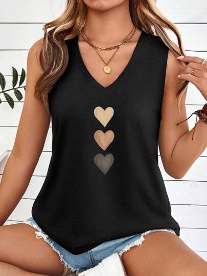 SHEIN LUNE Plus Size Women's Simple Versatile Triple Color Heart-Shaped V-Neck Tank Top, Suitable For Summer