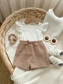 Baby Girl Summer Cute White Top And Elastic Waist Shorts Set