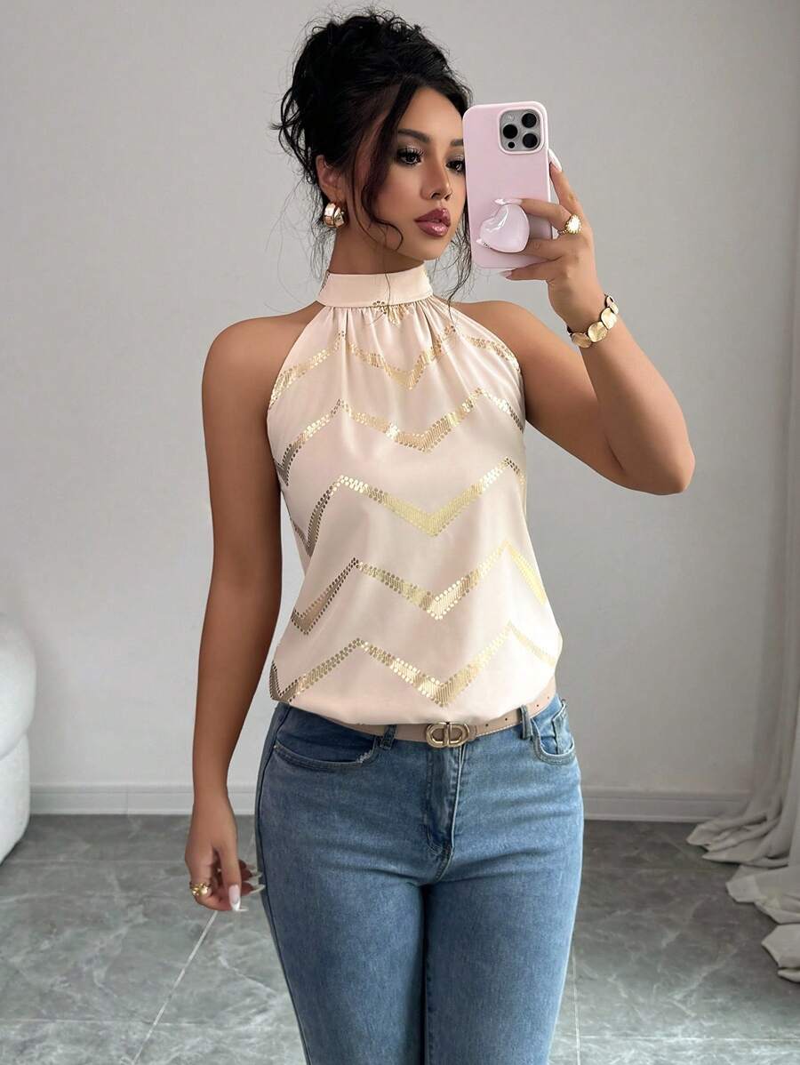 Selianne 女士無袖金箔條紋領露背上衣 - 杏色 - 查看 1