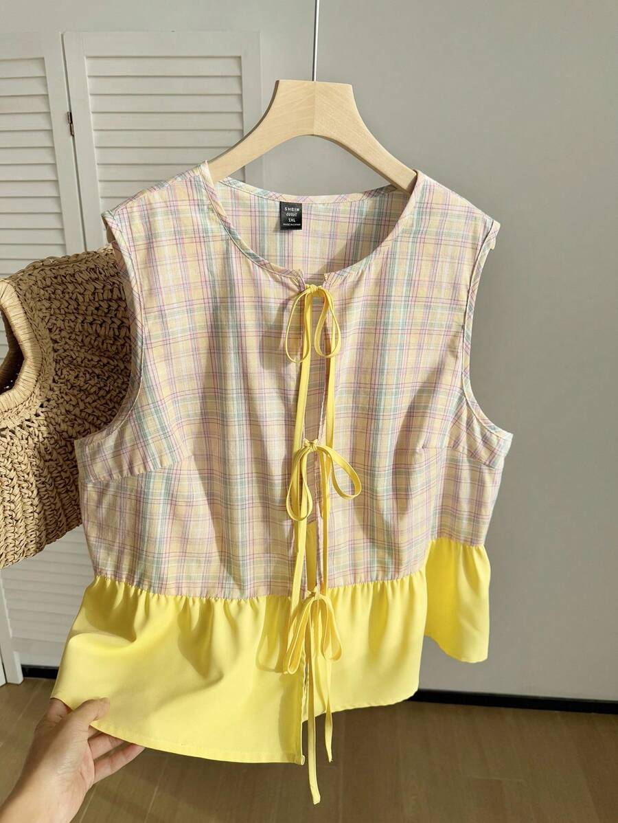 SHEIN EZwear Camisa sin mangas a cuadros de dos tonos amarillo mantequilla en talla grande para verano al aire libre