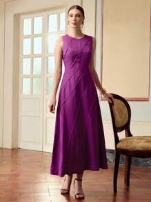 ZEYLAH 女士时尚浪漫圆领无袖亚麻结构连衣裙 - 紫色 - 查看 6