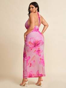 SHEIN BAE Váy đi biển in hoa hở lưng cỡ lớn cho nữ, Váy in hoa cổ bồng, Xuân/Hè - Hồng - Xem 2