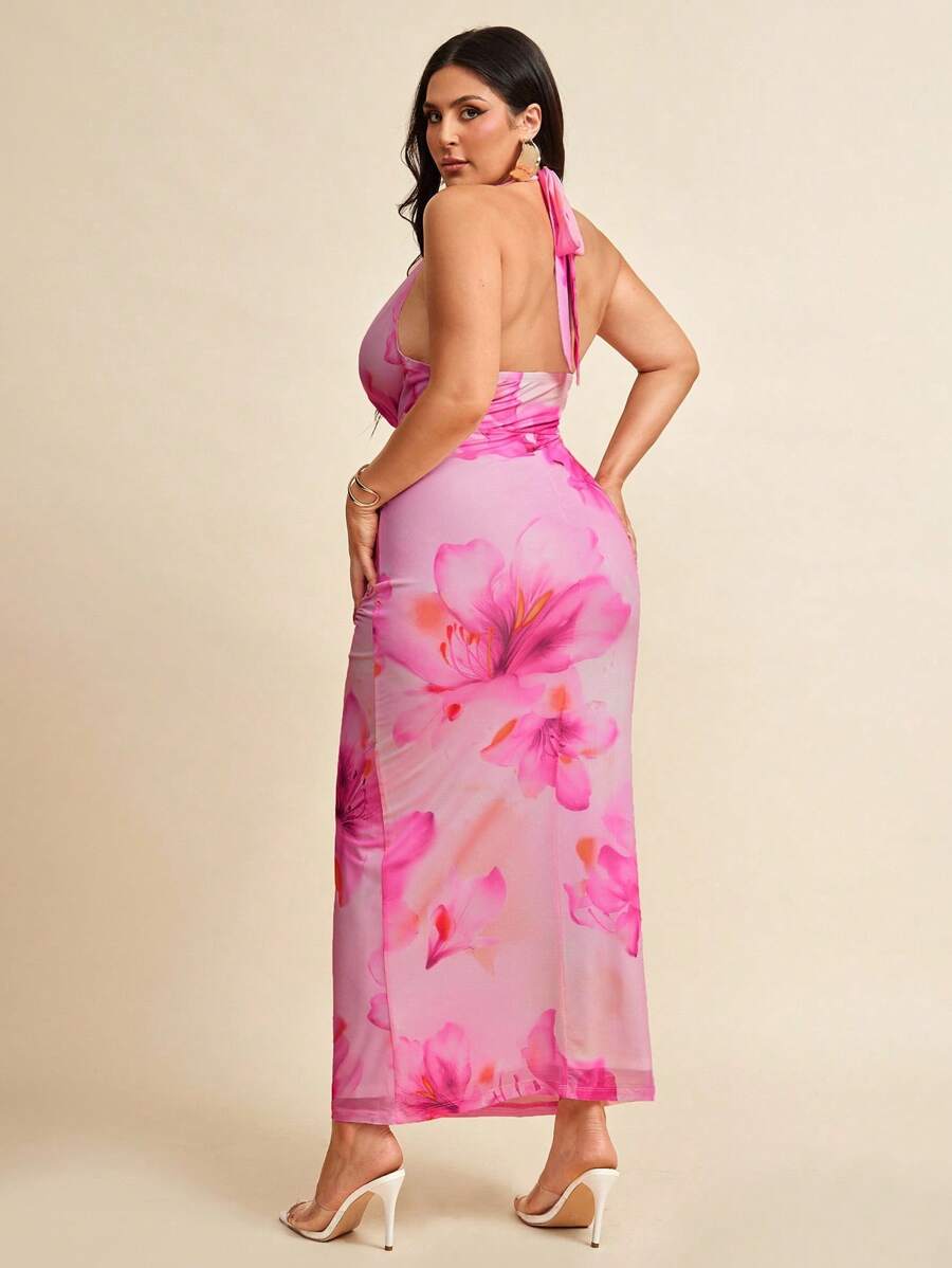 SHEIN BAE Váy đi biển in hoa hở lưng cỡ lớn cho nữ, Váy in hoa cổ bồng, Xuân/Hè