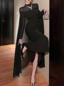 DAZY Women's Chiffon Patchwork Mock Neck Cape Style Bodycon Dress,Elegant Black Autumn Party Birthday Dining Dress,Plus Size Casual Spring/Summer Clothes - Black - View 1