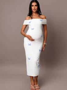 MaterniChic Women White Off Shoulder Flare Sleeve Dress, Blue Bow Dress, Elegant Dress For Fall/Winter, Renaissance Fair Western Dress, Homecoming, Cute Tops, Beach, Party, Brunch Women Outfit, 90s Outfit, Cottage Core, Korean Fashion, Long Sleeve Cute Dress, Maternity Dress  Fall Women Clothes Baby Shower Modest Dresses For Women All White Party Outfit Women