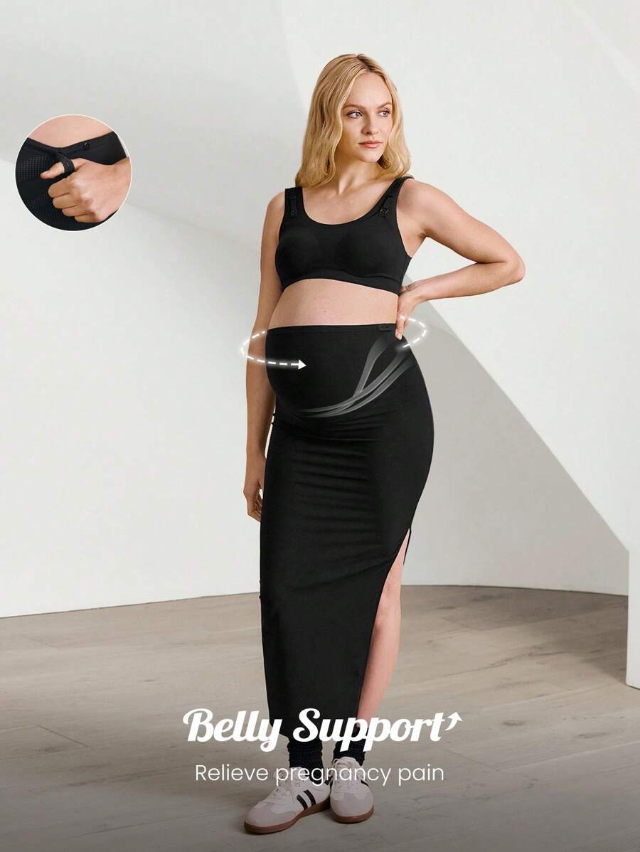 GLOWMODE FeatherFit™ 优雅孕妇装高腰侧开衩弹力修身长裙孕妇低冲击瑜伽普拉提工作室日常休闲装 - 黑色 - 查看 1