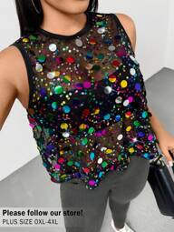 Auralis Plus Size Dames Lente en Zomer Mode Elegante Comfortabele Losse Kleurrijke Glanzende Pailletten Zwarte Mouwloze Sexy Doorschijnende Top Top, Y2K, Uitgaanstops Dames, Club Dames Sexy, Rave Festival, Streetwear Dames, Kralen Top, Europese Zomer, Concert voor Dames, Countryconcert