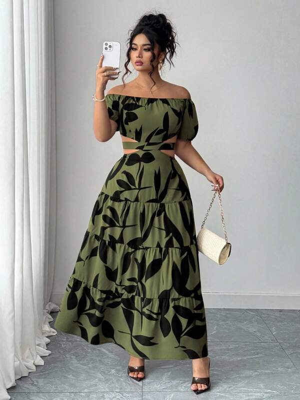 Elenzga Plus Size Women Floral Print Off-Shoulder Dress With Waist Tie