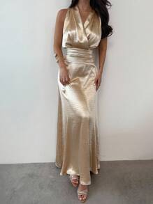 Firerie Women Elegant Party Waist Pleated Gold Aline Polar Long Dress,Graduation,Teacher Outfits Party,For Women,Teacher Dress Vacation Dress,Suitable For Commute/Elegance/Sexy/Vacation/Beach/Romance/Date/Valentine's Day/Concert/Performance/Party/Prom/Wedding Season/Back To School Work/Teachers' Day/Elegant/Commute/Casual/Business/Modern Urban, Modest