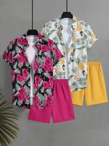 Manfinity KASUA Men's Tropical Print Vacation Casual Shirt And Shorts Beach Outfit