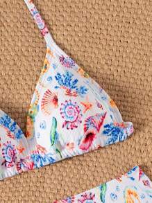 青少年女孩比基尼套装，海洋动物印花吊带设计，针织罗纹面料，时尚泳装套装，适合海滩度假、夏季游泳 - 彩色 - 查看 3