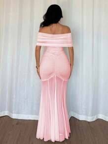 Chiquease Women Off Shoulder Mesh Patchwork Mature Charm Fitted Dress, Spring/Summer - Pink - View 2