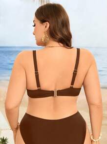 Swim Lushoire Áo bikini có gọng gân màu trơn đơn giản cỡ lớn dành cho nữ, thích hợp cho kỳ nghỉ hè ở bãi biển - Cà phê nâu - Xem 2
