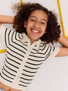 Tween 女童休闲条纹纽扣短袖针织上衣 - 黑與白 - 查看 1