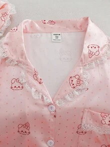 Teen Girls Pink Cartoon Kitten Print Silk Pajamas Set,Cute Summer Short Sleeve Top&Shorts With Headband,Family Matching Holiday Home Outfit Pjs Set - Pink - View 4
