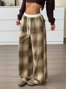 SHEIN EZwear Damen karierter Jogginghose mit Kordelzug und weitem Bund, lässige lange Hose