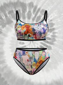 Rick and Morty X SHEIN Plus Size Comfortable Cartoon Graphic Removable Soft Cup And Panty Set, Wire-Free,Sport,Yoga - Black - View 5