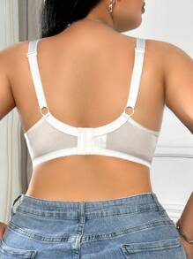 DesireSculpt Plus Size Simple Thin Underwire Wireless Bra, Lift And Gather, Without Padding White Bra Plus Size Bra Cute Bra White Ribbed Bra Full Coverage Bra - White - View 2