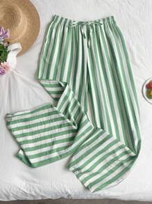 SHEIN EZwear Quần dài nữ họa tiết sọc có dây rút eo thường ngày đa năng cho sân bay - màu xanh lá - Xem 5