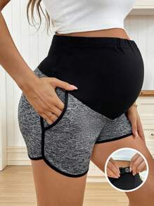 SHEIN Adjustable Contrasting Color Maternity Belly Support Shorts, Summer  Maternity Shorts  Dark Grey With Black Stitching And Pockets