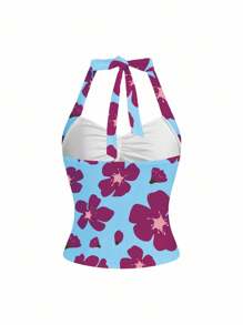 Vecteezy Summer Contrast Floral Pattern Lace Trim Halter Neck Tank Top For Women - Multicolor - View 2