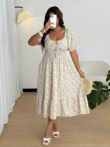 Flirla Plus Size Square Neck Puff Sleeve Cinched Waist A-Line Dress - Multicolor - View 4