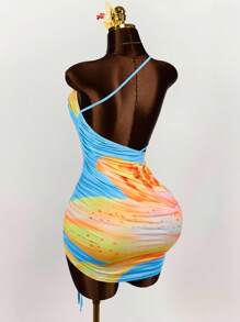 Amplova One Shoulder Two-Tone Big Floral Print Drawstring Tie Bodycon Mini Dress