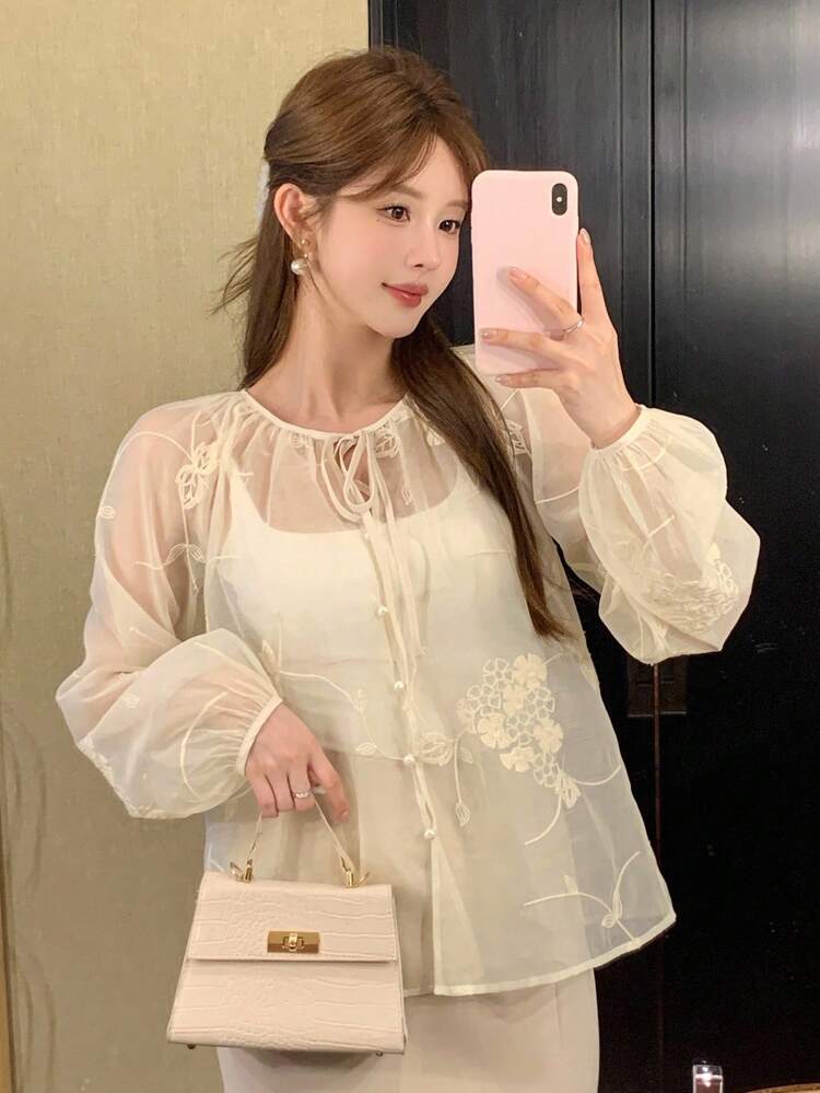 Women's Casual Vacation Floral Embroidered Organza Chiffon Cover Up With Tie-Up Drawstring, Elegant Long Sleeve Open Cover Up Shirt