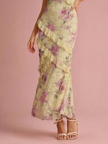 Enchnt Summer Romantic Women's Butter Yellow Floral Print Lace Sweetheart Neck Ruffle Hem Backless Slip Mermaid Maxi Dress,Sweet&Elegant For Vacation&Date&Holiday&Birthday&Party&Graduation&Wedding Guest&Beach,Prom Dress,Summer Dresses For Women,Sun Dresses For Women,Summer Clothes,Summer Outfits For Women,Elegant Dresses For Party, - Yellow - View 6