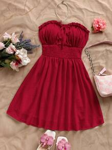 Soleia 女士纯色休闲度假迷你连衣裙 - 酒紅色 - 查看 6