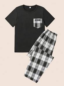 SHEIN 青少年男童格子口袋T恤和长裤睡衣套装