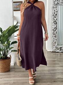 Breezaya Đầm không tay in họa tiết denim cỡ lớn cho nữ - Màu tím hoa cà - Xem 1
