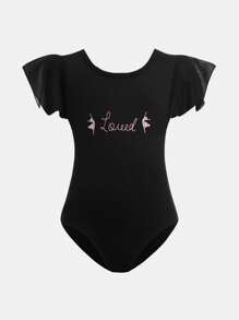 SHEIN 2 piezas Conjunto deportivo de moda para niñas, body de punto de unicolor negro y rosa, maillot gimnástico de estampado elástico, cómodo y suave