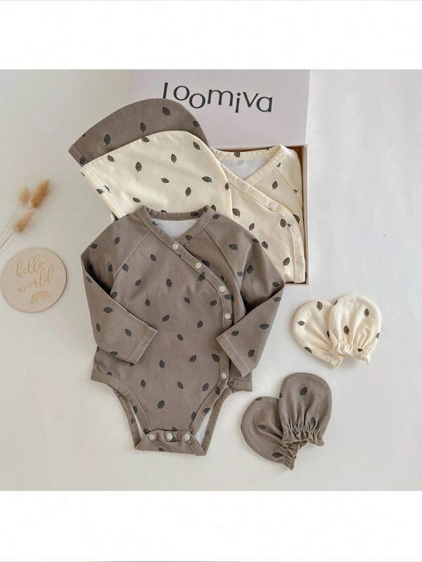 Loomiva Set de 4 piezas de pelele y gorro de punto suave con estampado de hojas para recién nacidos, para niño o niña bebé