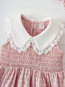 Joliand 1 pezzo Vestito elegante da ragazza giovane Joliand, a quadri rosa, con decorazioni in pizzo bianco, colletto a rever, senza maniche, a-line, adatto per festa, viaggi, matrimoni, estate