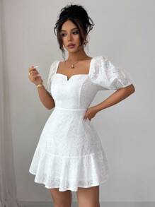 Elenzga 女士纯色短袖简约休闲短款优雅连衣裙 - 白色 - 查看 5