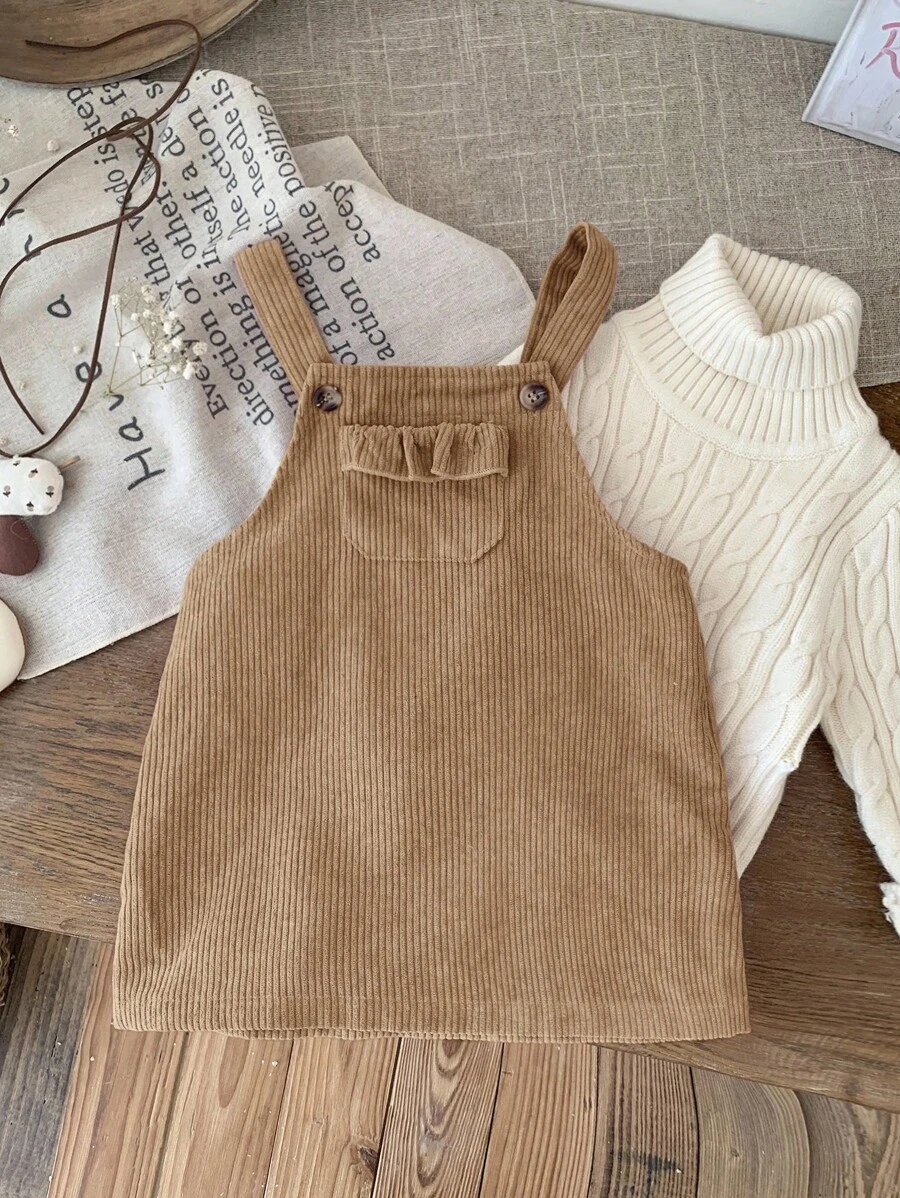 SHEIN LMoss Kids LMoss 女婴可爱粉色灯芯绒背带裙,适合秋冬季女婴灯芯绒背带裙,卡其色婴儿连衣裙,摩卡色婴儿服装,复古婴儿服装,女婴灯芯绒连衣裙 - 卡其色 - 查看 1