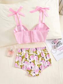SHEIN Touch of Art 女士花卉印花蝴蝶结文胸和短裤套装 - 粉色 - 查看 2