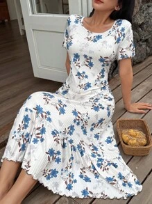 SHEIN 花卉印花荷叶边针织圆领女式睡袍花裙女式夏季连衣裙女式休闲连衣裙女式花裙蓝色花裙 - 彩色 - 查看 1