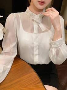 DAZY Women's Elegant Ruffle Collar Chiffon Blouse With 3D Beaded Floral Decor, Casual Business Commute Long Sleeve Shirt, Suitable For Spring, Summer, Autumn,Fall Women Clothes - White - View 8