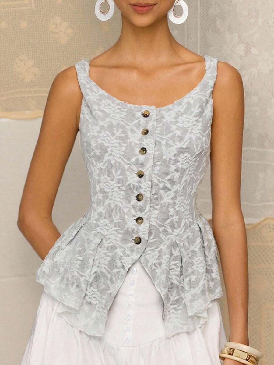 SHEIN MOD 女士优雅纯色提花前扣背心,夏季、海滩、度假、复古、波西米亚风、纽扣款、Y2K风格上衣 - 杏色 - 查看 1