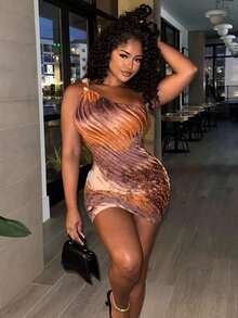 Alexandranx Robe mini femme à un épaule avec nœud torsadé tie dye