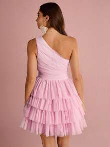 Enchnt 女士优雅纯色单肩褶饰多层荷叶边网眼连衣裙，夏季 - 淺粉色 - 查看 2