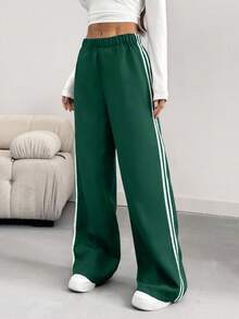 INAWLY Quần ống rộng thiết kế đơn giản màu tương phản cho nữ, mùa xuân/hè - màu xanh lá - Xem 4