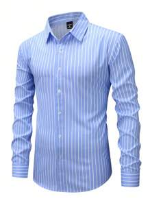 Manfinity Mode Men's Business Casual Blue Long Sleeve Striped Shirt, Nice Shirts For Men, For Fall - Baby Blue - View 5