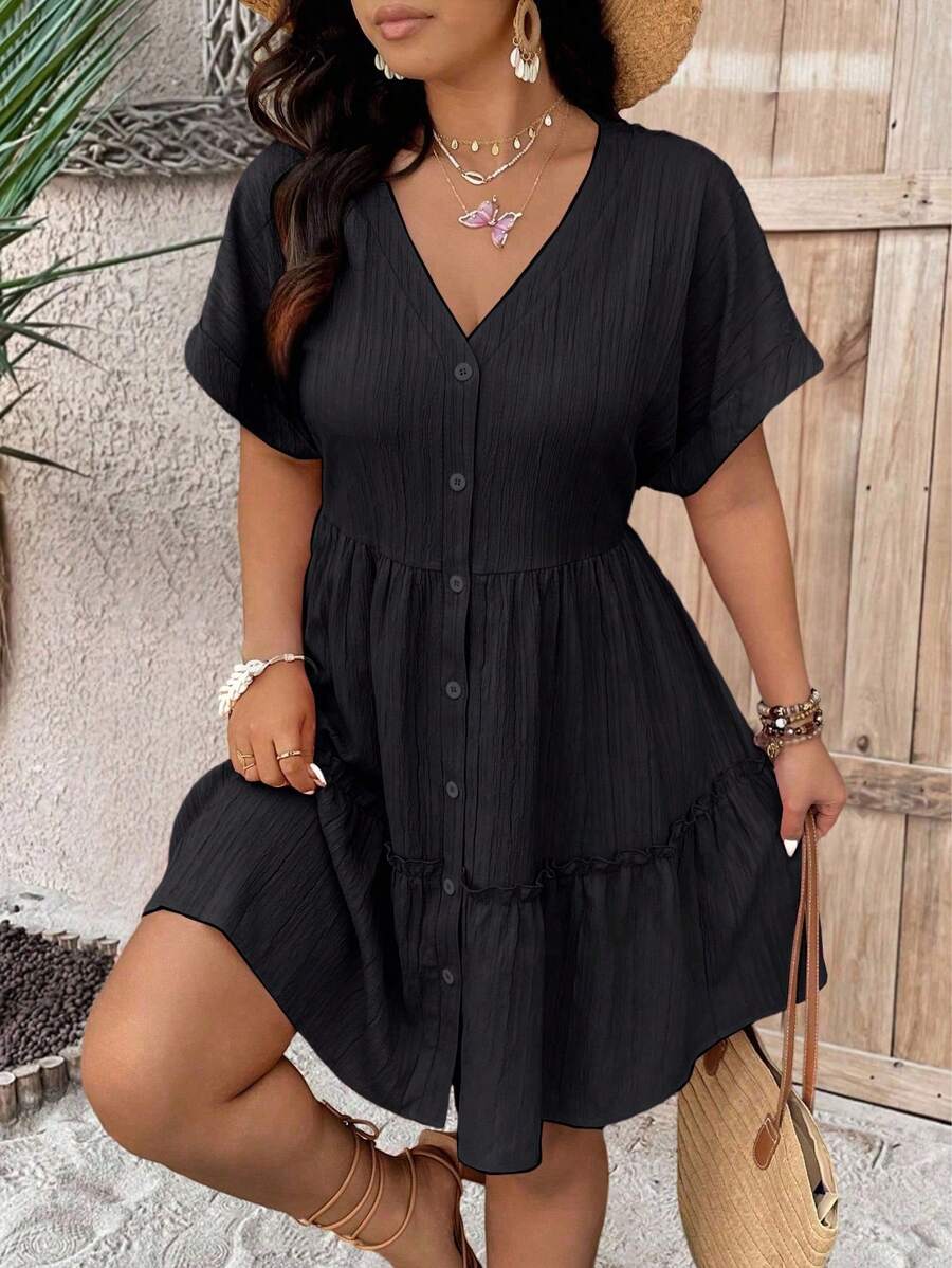 EMERY ROSE Plus Size V-Neck Textured Fabric Raglan Short Sleeve A-Line Ruffle Hem Casual Vacation Commute Party Dress - Black - View 1